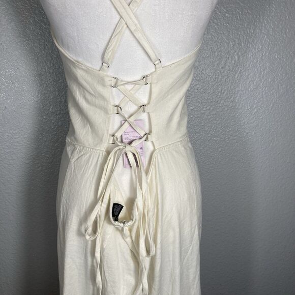 Womens Midi Slip Dress 17 Cream Linen Lace Tie Corset Coastal Cottage Milkmaid - Picture 9 of 12